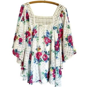 Meadow Rue Anthropologie Boho Babydoll Peasant Top M Crochet Floral Cottagecore